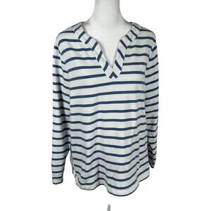 J Jill Long Sleeve White Blue Striped V-Neck Cotton Top Large Classic Casual